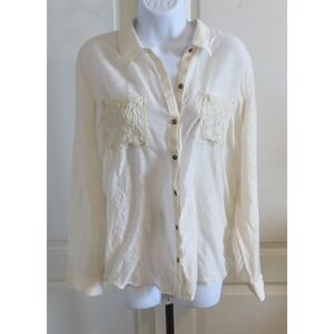 Womens Chicos Ivory Lace Back Pockets Long Sleeve Top Shirt Blouse Size 2
